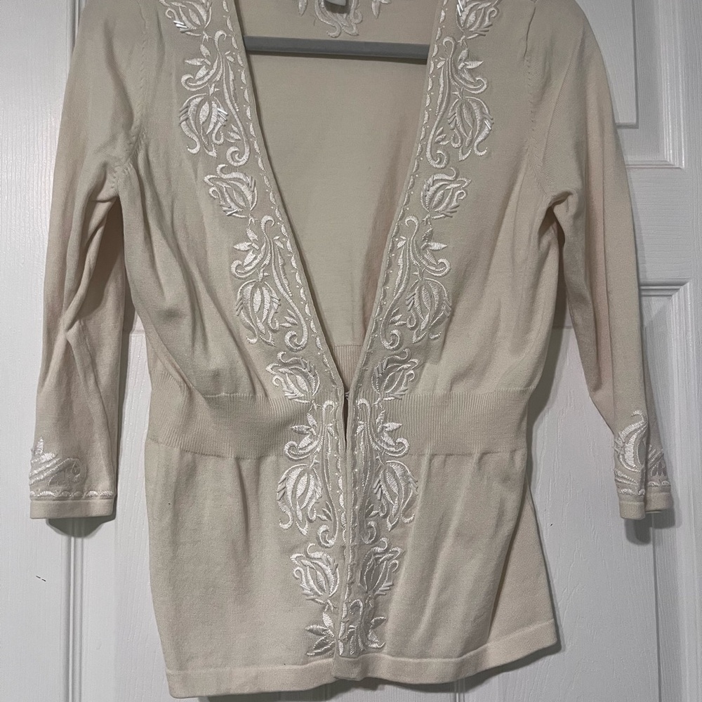 Cream Embroidered V-Neck Cardigan